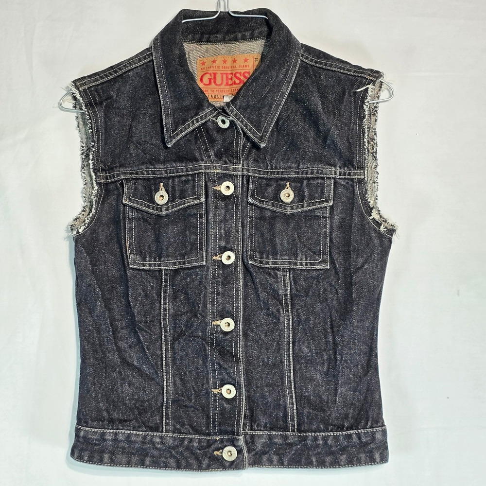 Vintage Guess USA Denim Vest Dark Wash Frayed Sleeveless Jean Jacket Small 39838